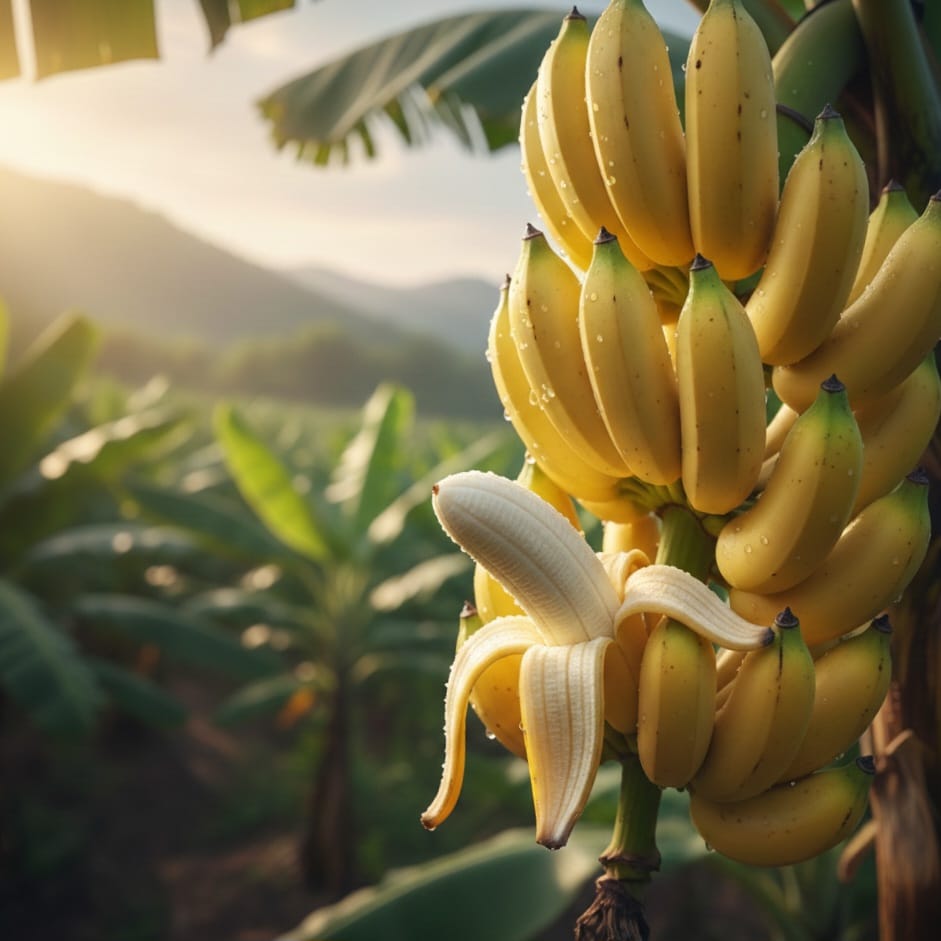 একটি তাজা হলুদ কলার ছবি যা একটি সবুজ কলাপাতার ওপর রাখা আছে।